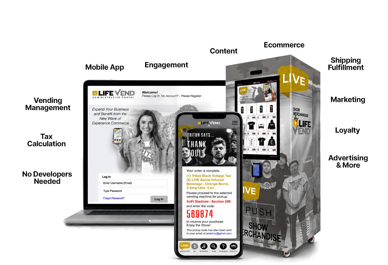 The LifeVend platform ecosystem: an administrative portal, a mobile app and a smart vending kiosk, linked by vending management, tax calculation, no-code setup, mobile app, engagement, content, ecommerce, shipping, marketing, loyalty and advertising features.