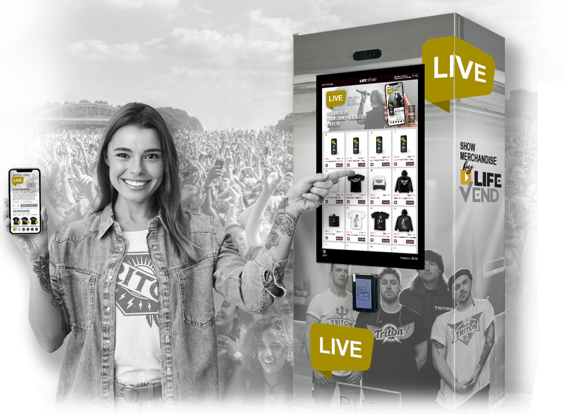 A shopper points at a LifeVend merchandise machine while holding a phone showing the online storefront